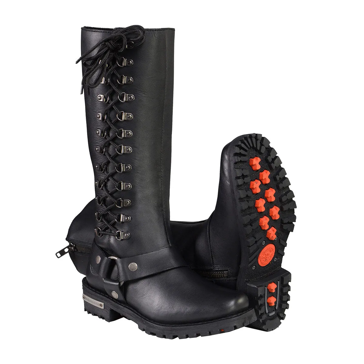 MBL9365 Ladies Black 14-Inch Classic Harness Square Toe Leather Tall Boots with Lacing Detail