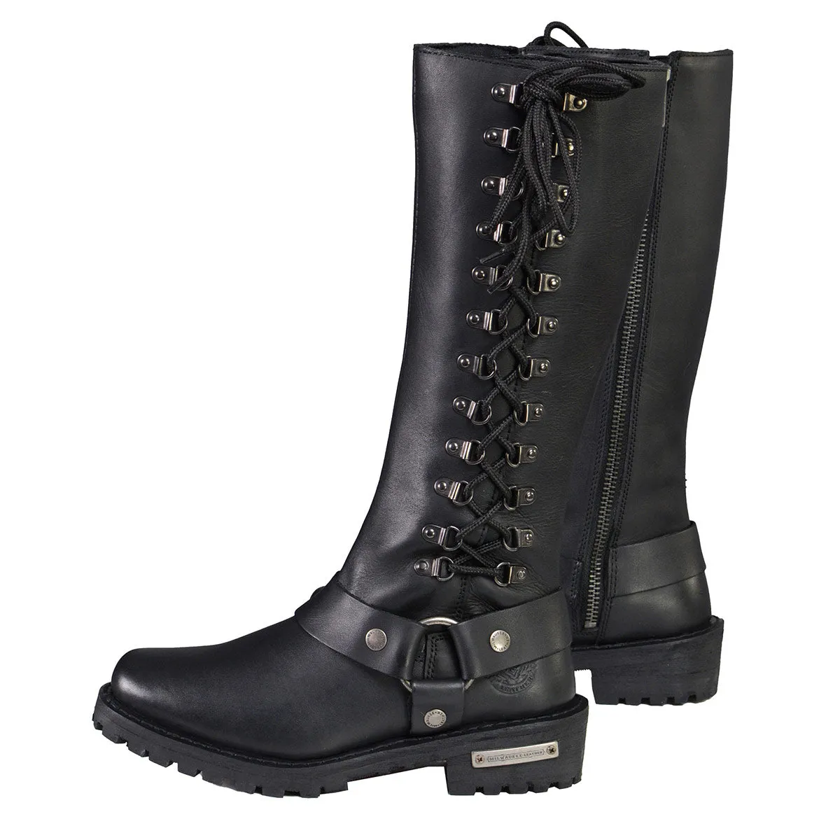 MBL9365 Ladies Black 14-Inch Classic Harness Square Toe Leather Tall Boots with Lacing Detail