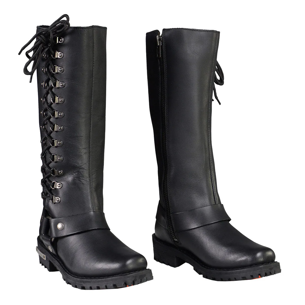 MBL9365 Ladies Black 14-Inch Classic Harness Square Toe Leather Tall Boots with Lacing Detail
