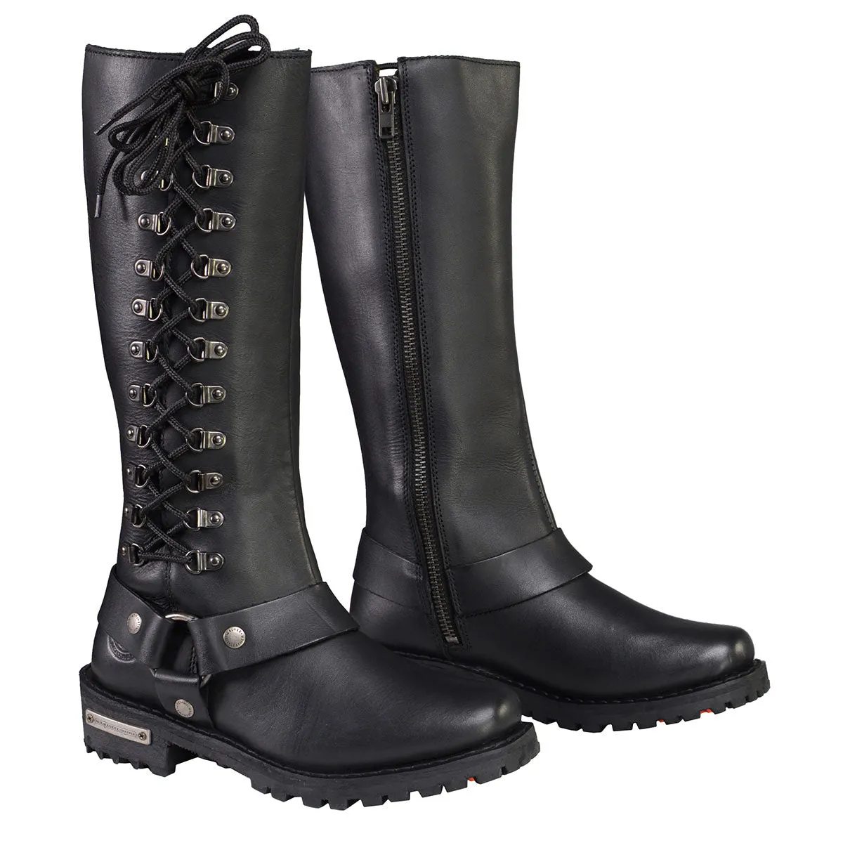 MBL9365 Ladies Black 14-Inch Classic Harness Square Toe Leather Tall Boots with Lacing Detail