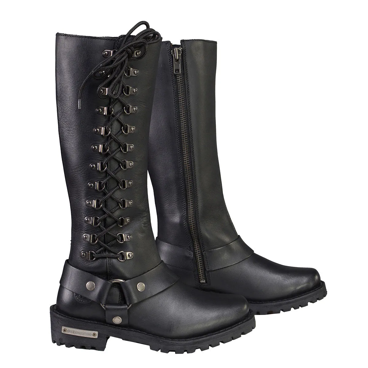MBL9365 Ladies Black 14-Inch Classic Harness Square Toe Leather Tall Boots with Lacing Detail