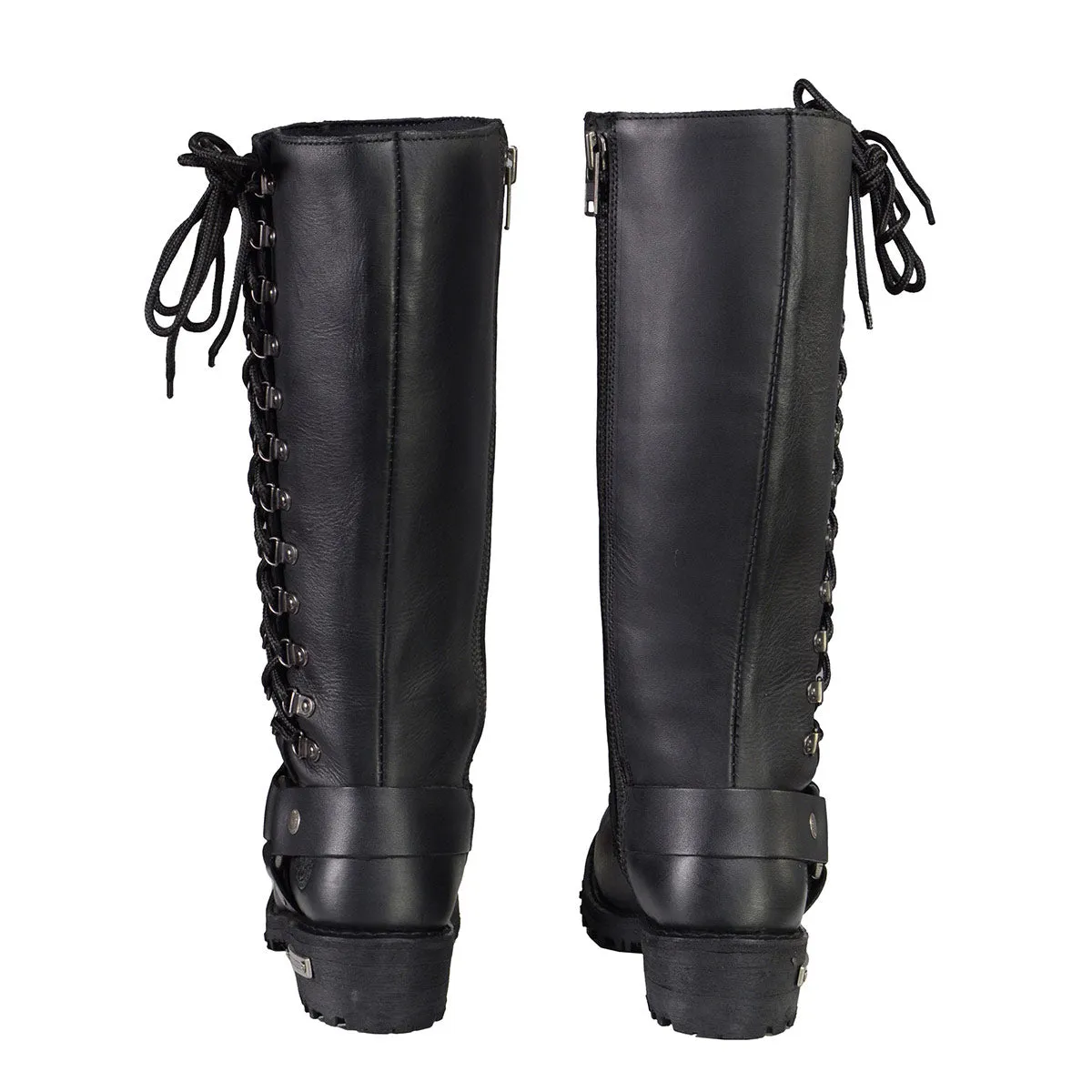 MBL9365 Ladies Black 14-Inch Classic Harness Square Toe Leather Tall Boots with Lacing Detail
