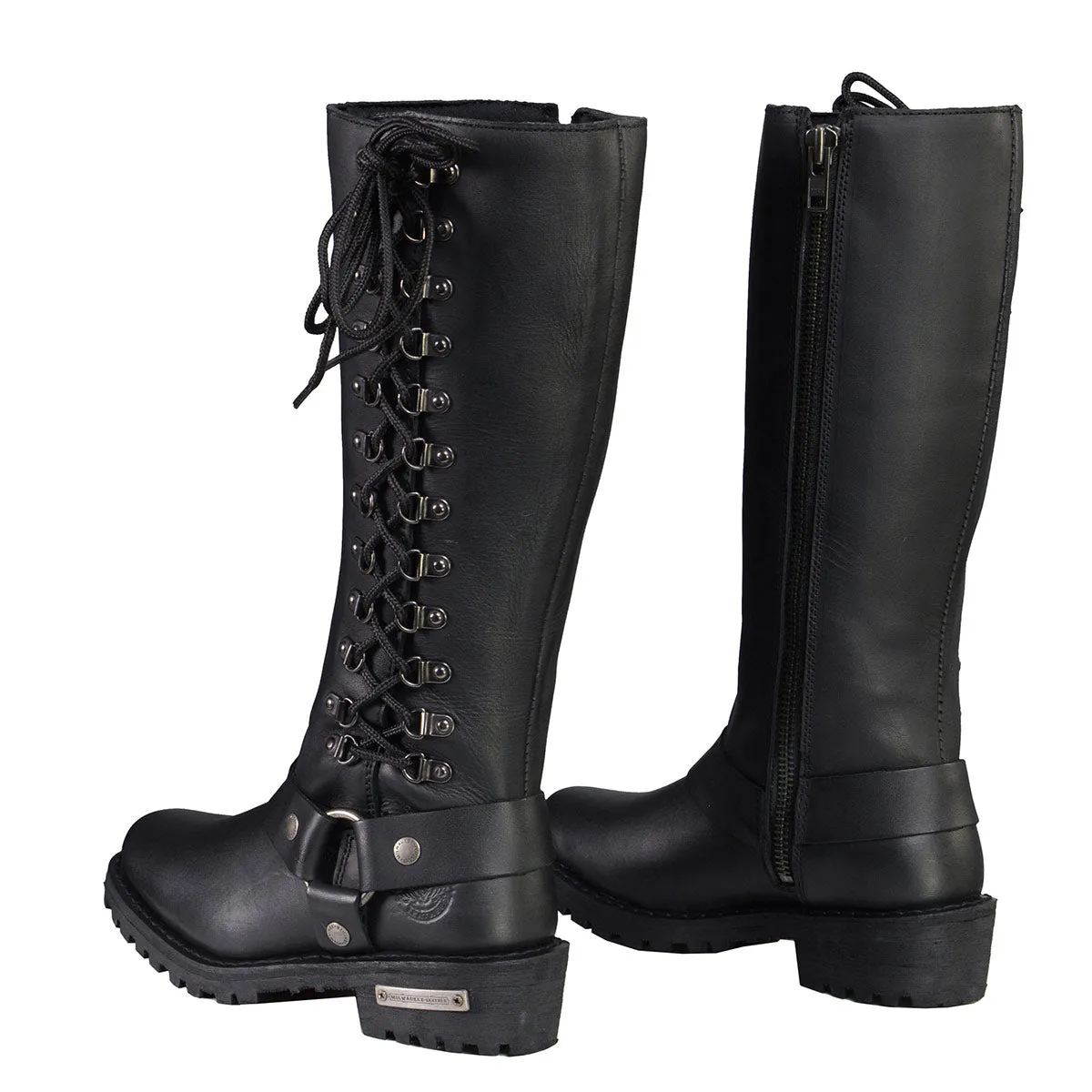 MBL9365 Ladies Black 14-Inch Classic Harness Square Toe Leather Tall Boots with Lacing Detail