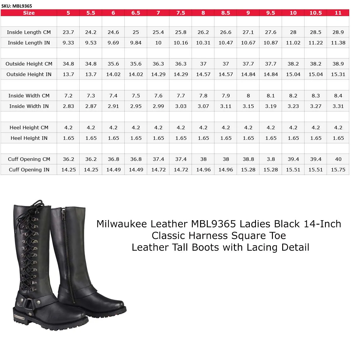 MBL9365 Ladies Black 14-Inch Classic Harness Square Toe Leather Tall Boots with Lacing Detail