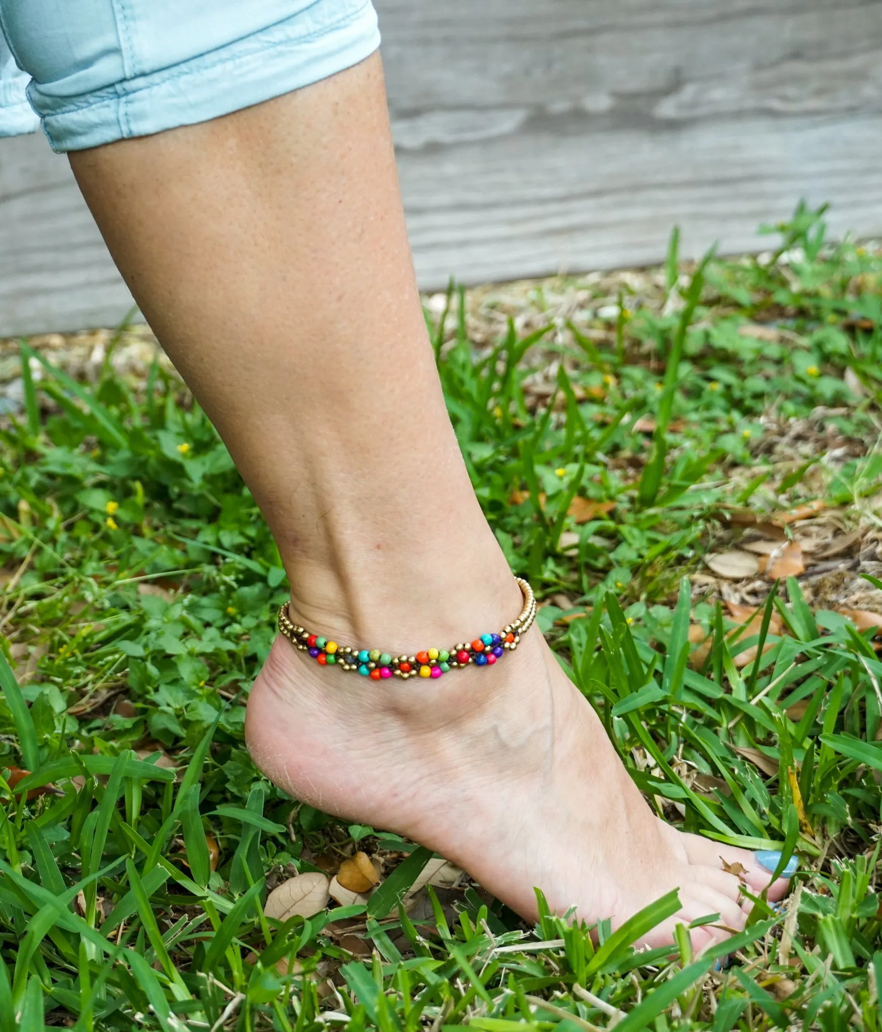 Multicolor Floral Golden Brass Boho Anklet