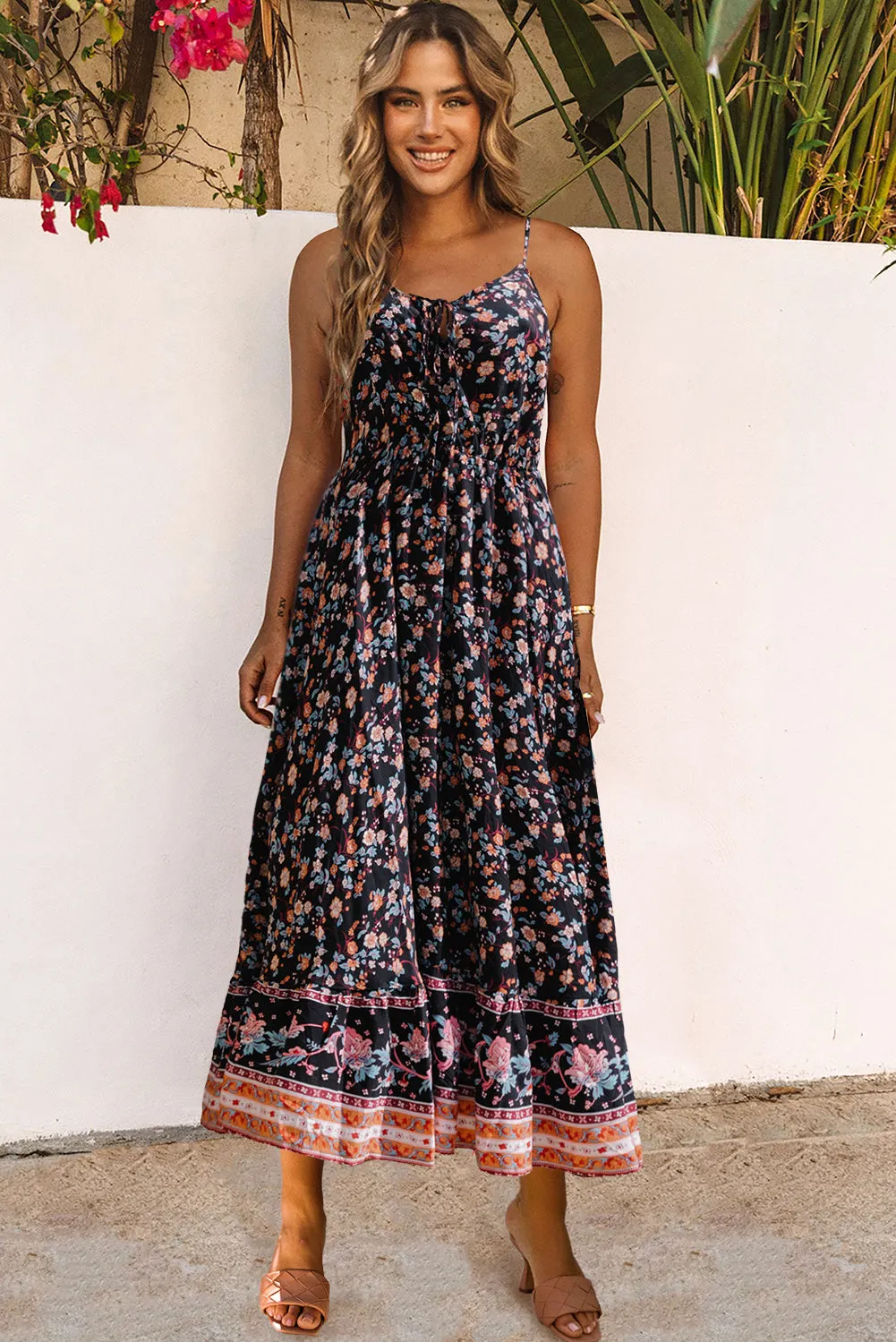Multicolor Lace-up Front High Waist Floral Maxi Dress