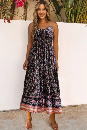 Multicolor Lace-up Front High Waist Floral Maxi Dress