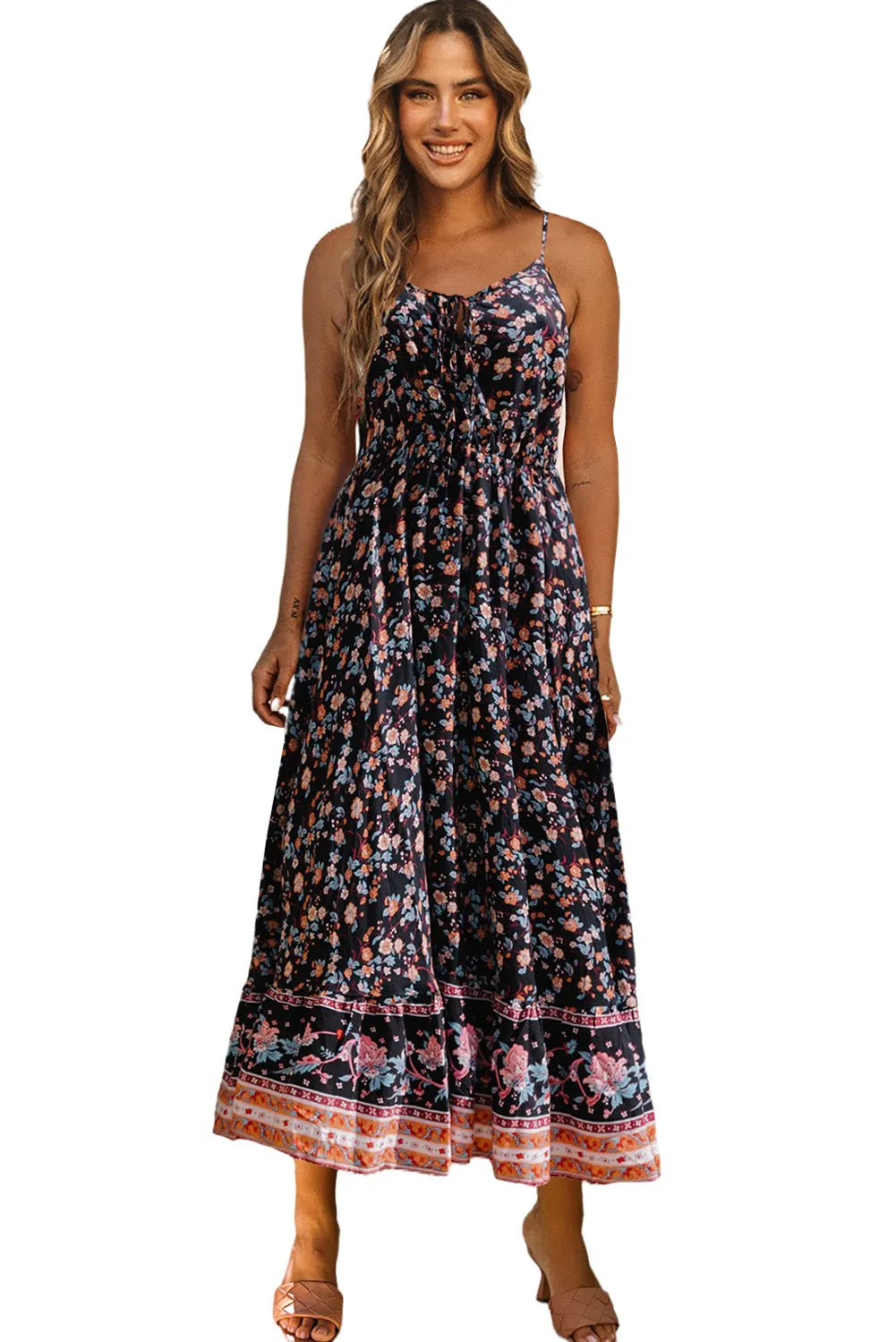 Multicolor Lace-up Front High Waist Floral Maxi Dress