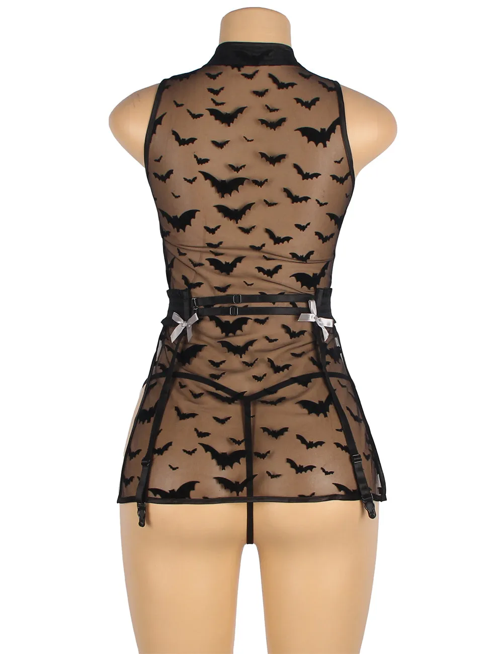 New Black Classic Transparent Bat Patterns Lingerie with Garter Belt