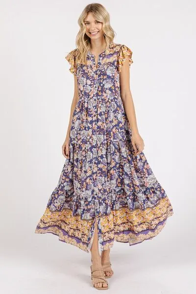Peacock Blue Floral Ruffled Notched Cap Sleeve Maxi Dress