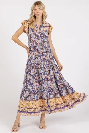 Peacock Blue Floral Ruffled Notched Cap Sleeve Maxi Dress