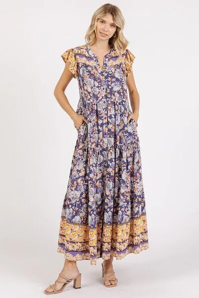 Peacock Blue Floral Ruffled Notched Cap Sleeve Maxi Dress