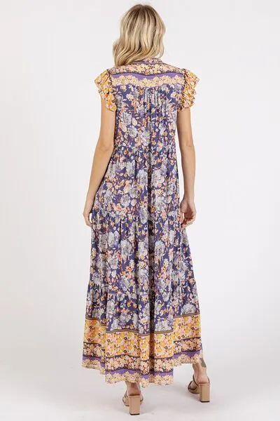 Peacock Blue Floral Ruffled Notched Cap Sleeve Maxi Dress