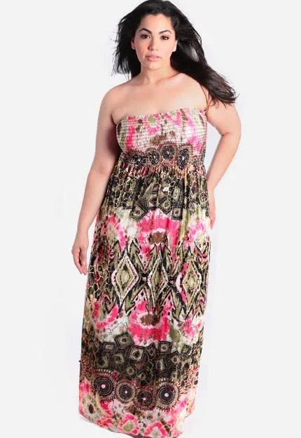 Plus Size Bohemian Floor Length Pink Tube Dress