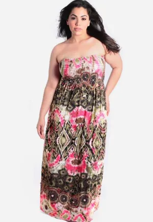 Plus Size Bohemian Floor Length Pink Tube Dress