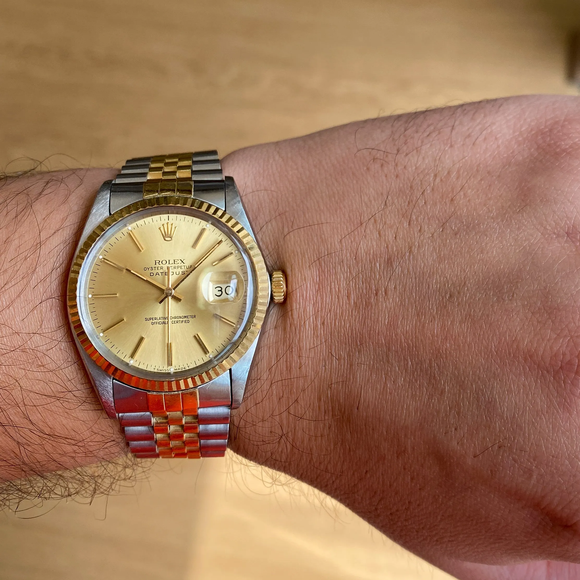 Rolex Datejust 16013 Champagne Stick c. 1986 Unpolished Jubilee 18k Yellow Gold & Steel 36 mm