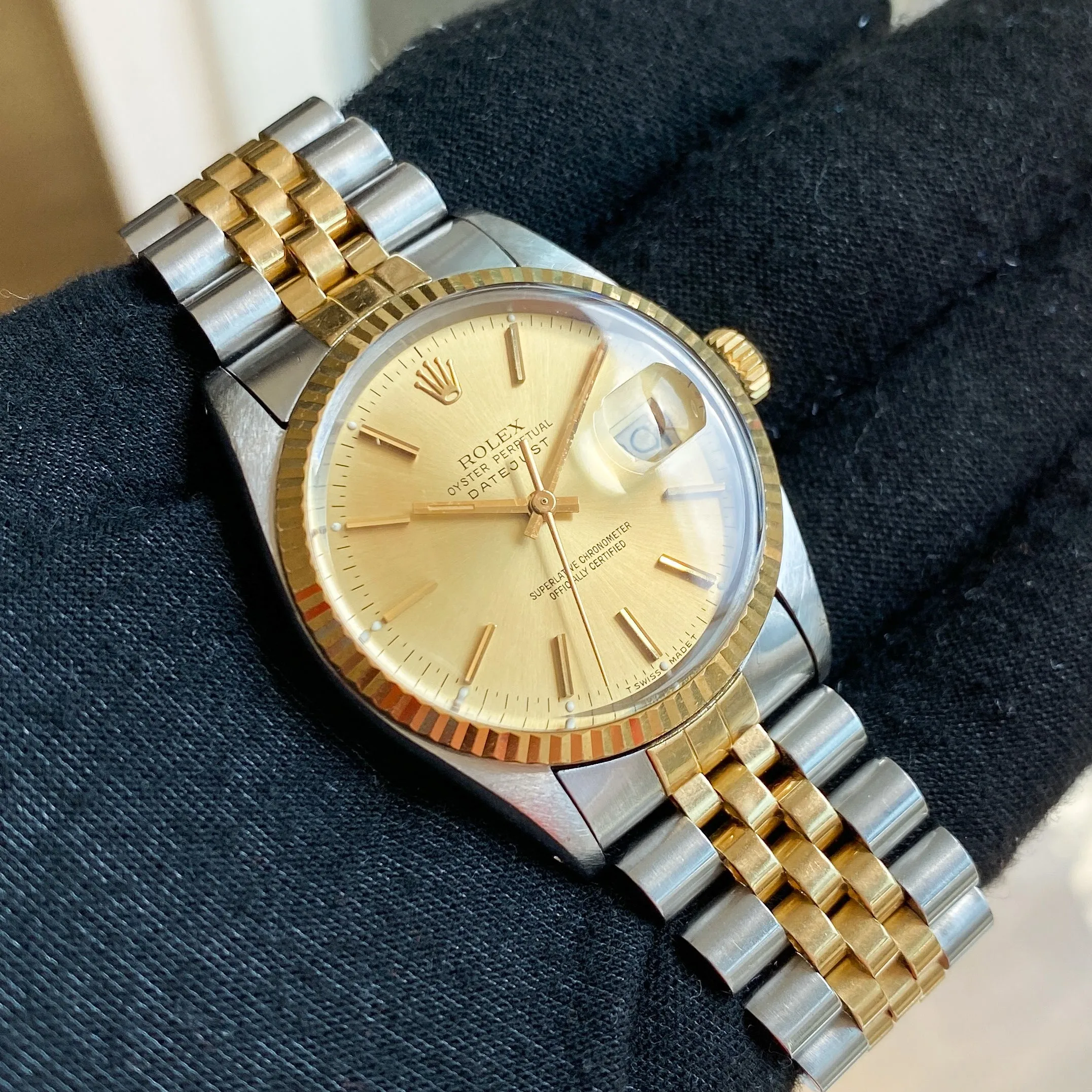 Rolex Datejust 16013 Champagne Stick c. 1986 Unpolished Jubilee 18k Yellow Gold & Steel 36 mm