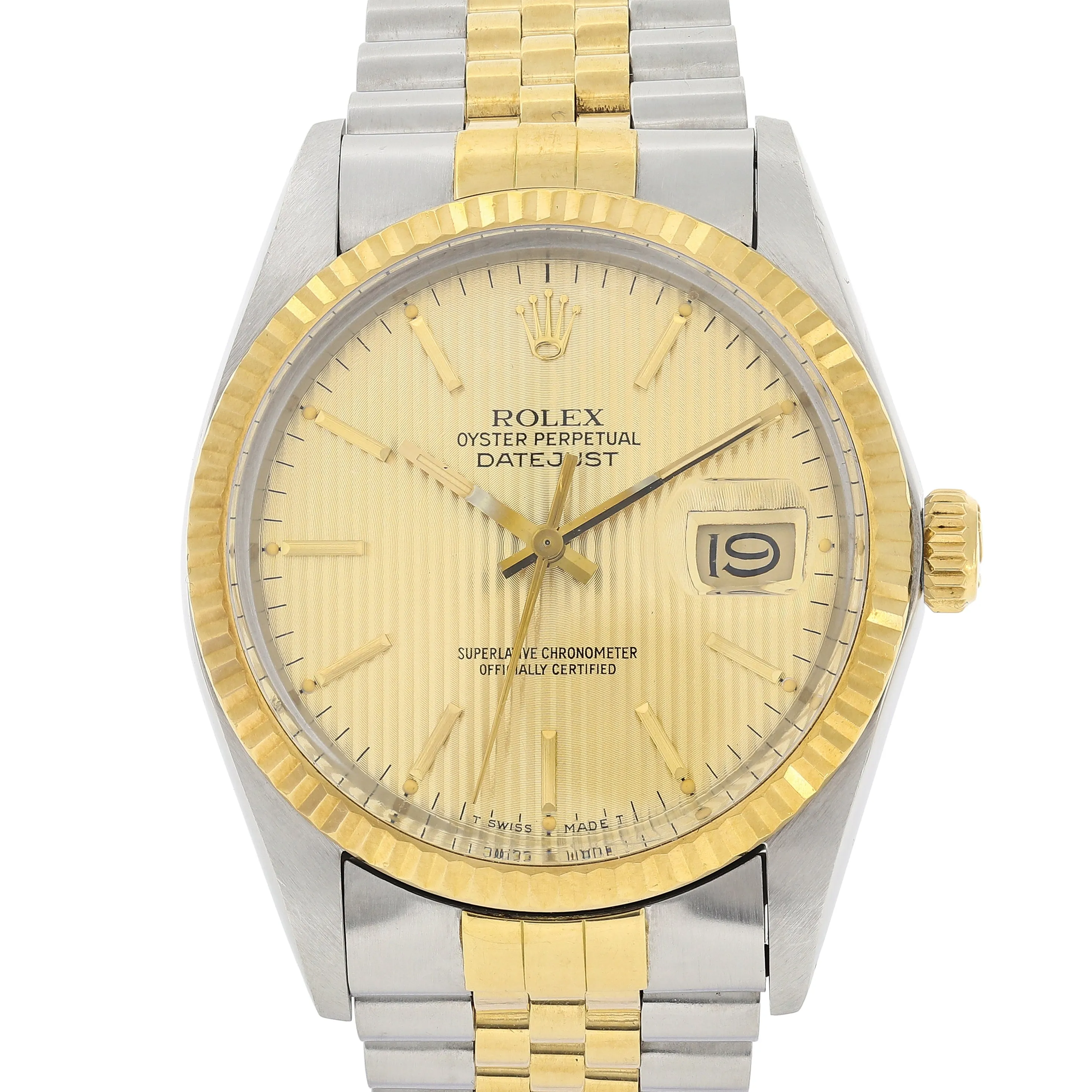 Rolex Datejust 16013 Tapestry Champagne c. 1986 Unpolished Jubilee 18k Yellow Gold & Steel 36 mm