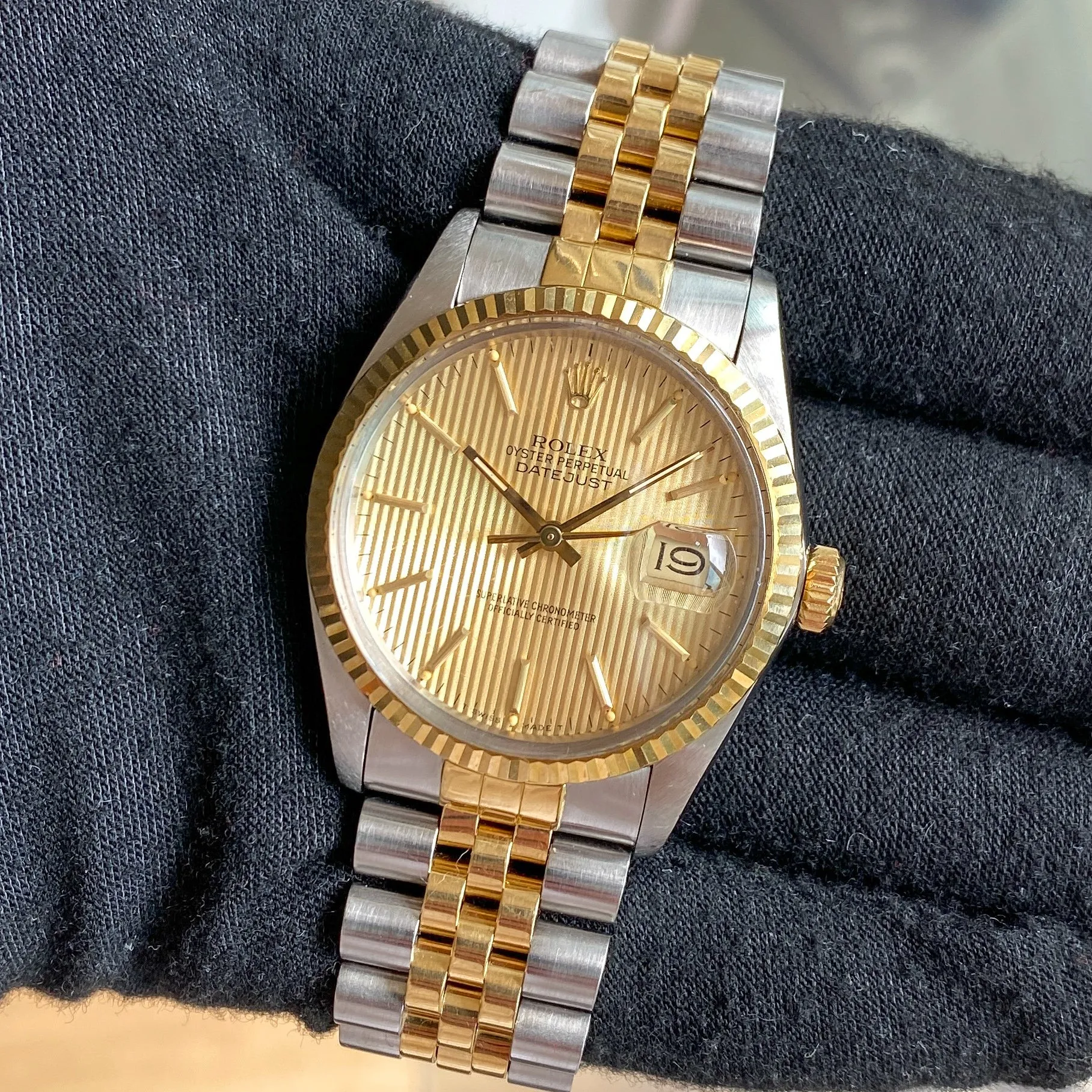 Rolex Datejust 16013 Tapestry Champagne c. 1986 Unpolished Jubilee 18k Yellow Gold & Steel 36 mm