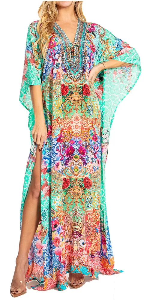 Sakkas Georgettina 2025 Flowy Rhinestone V Neck Long Caftan Dress / Cover Up