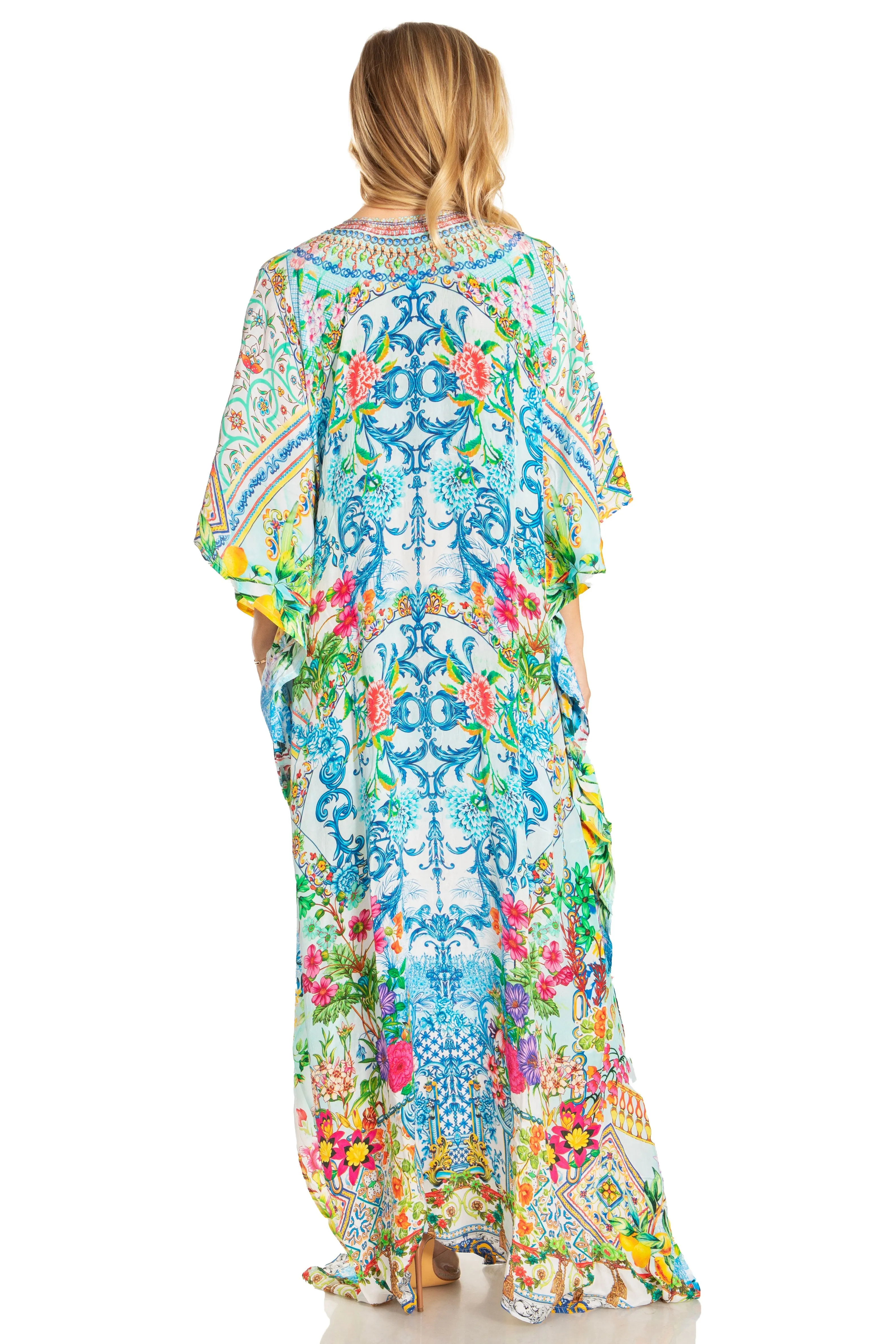 Sakkas Georgettina 2025 Flowy Rhinestone V Neck Long Caftan Dress / Cover Up