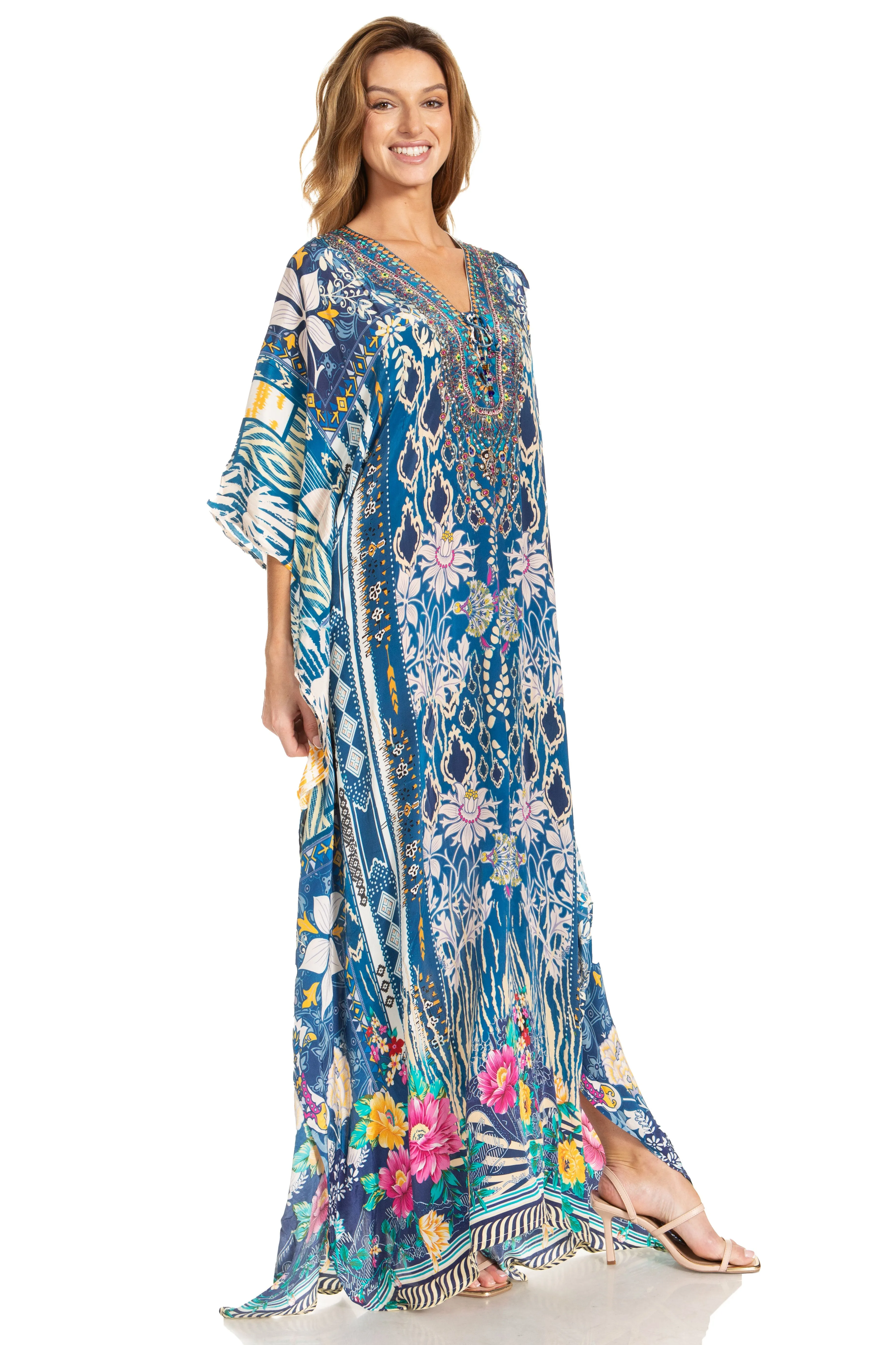 Sakkas Georgettina 2025 Flowy Rhinestone V Neck Long Caftan Dress / Cover Up
