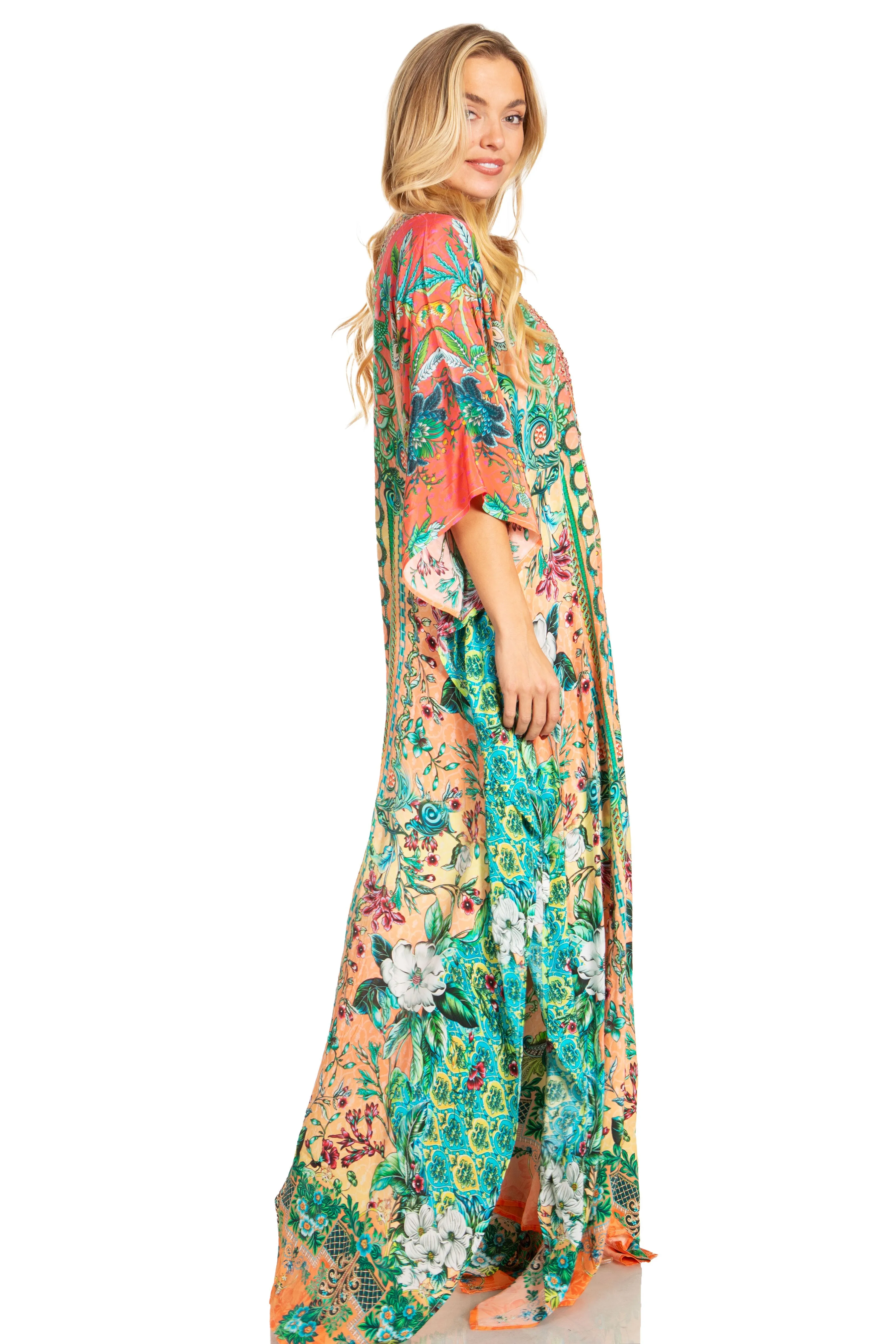 Sakkas Georgettina 2025 Flowy Rhinestone V Neck Long Caftan Dress / Cover Up