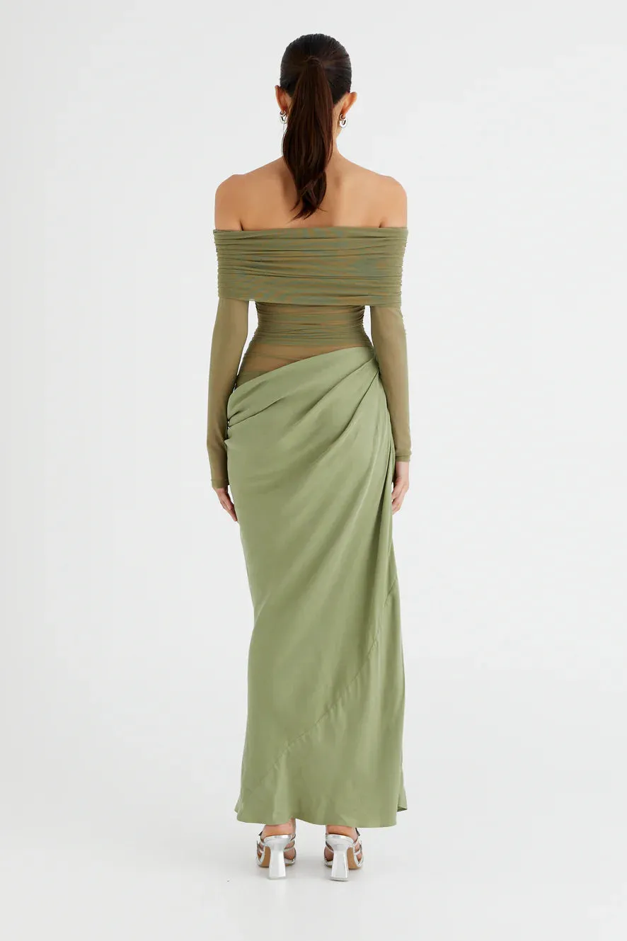 Sheer Sleeve Draped Skirt Statement Gown