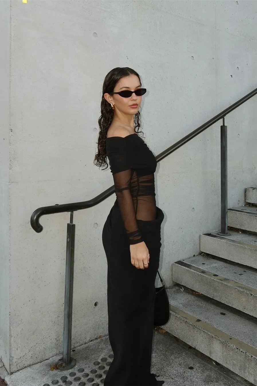Sheer Sleeve Draped Skirt Statement Gown