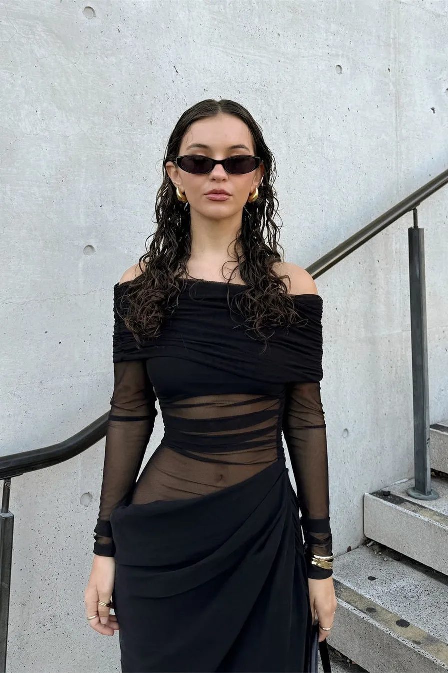Sheer Sleeve Draped Skirt Statement Gown