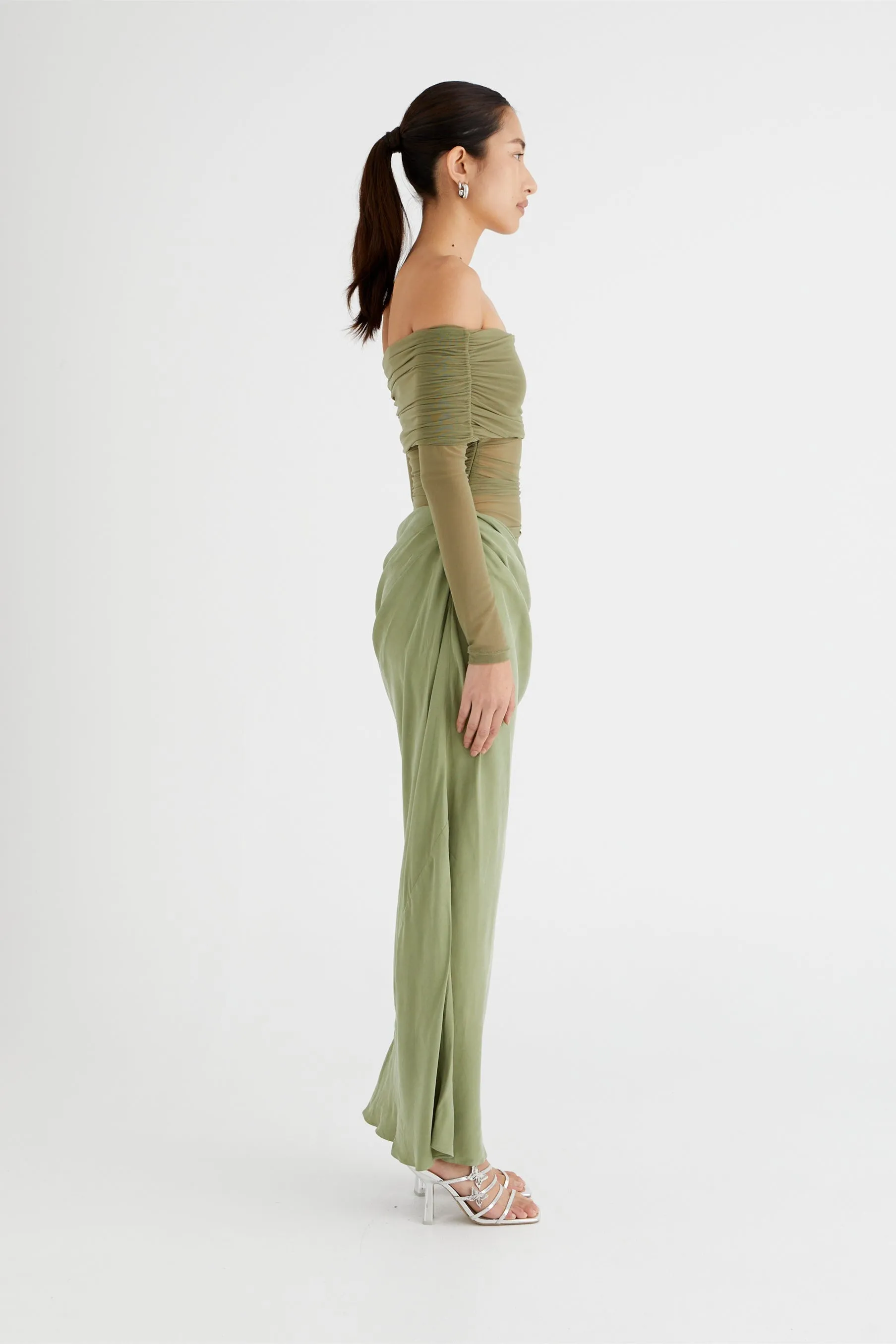 Sheer Sleeve Draped Skirt Statement Gown