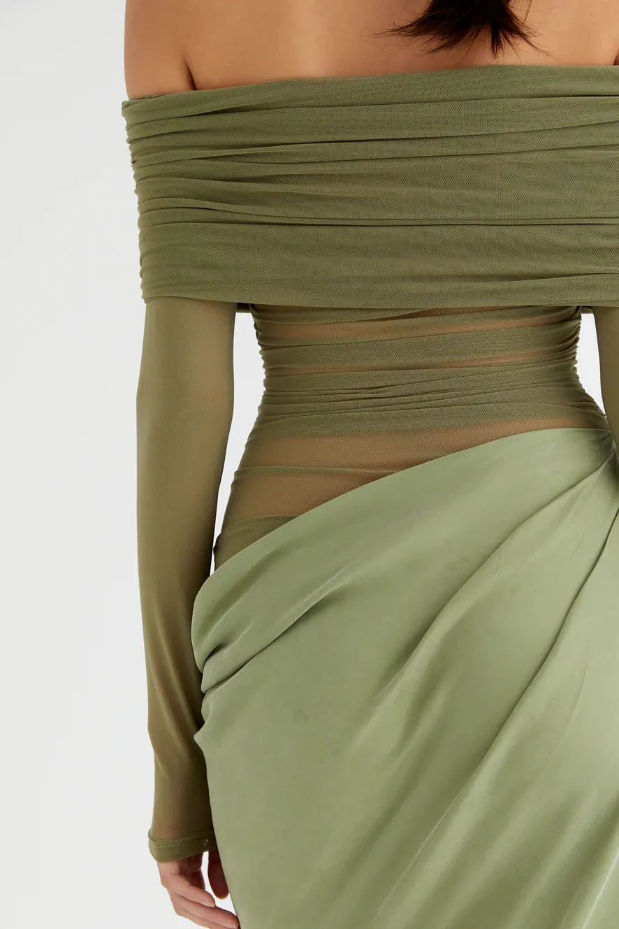 Sheer Sleeve Draped Skirt Statement Gown