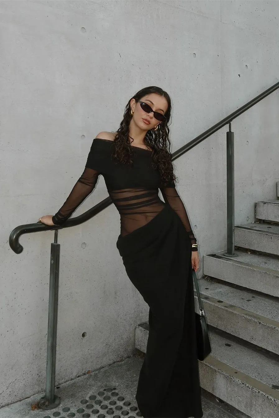 Sheer Sleeve Draped Skirt Statement Gown