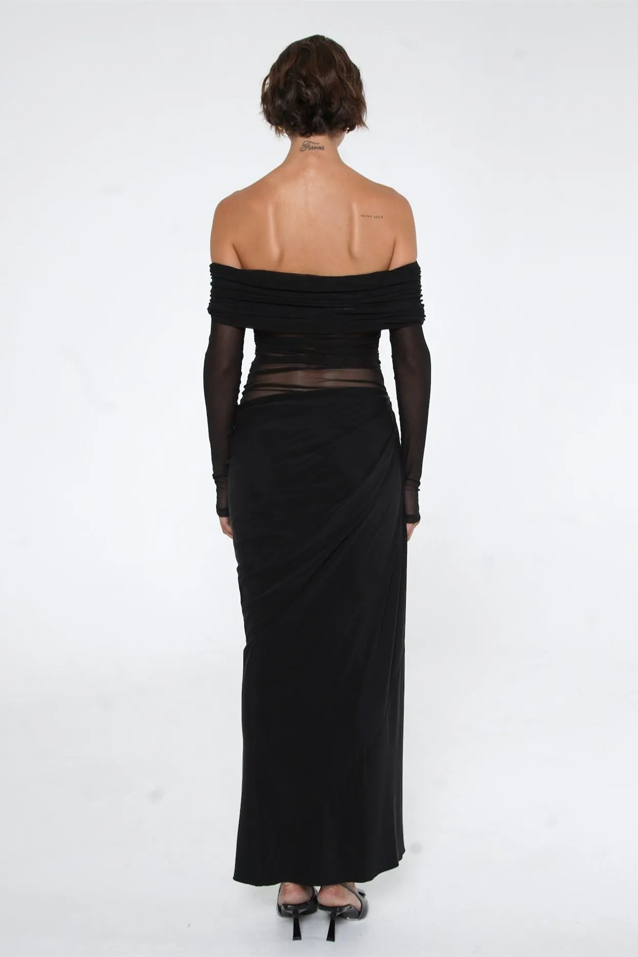 Sheer Sleeve Draped Skirt Statement Gown