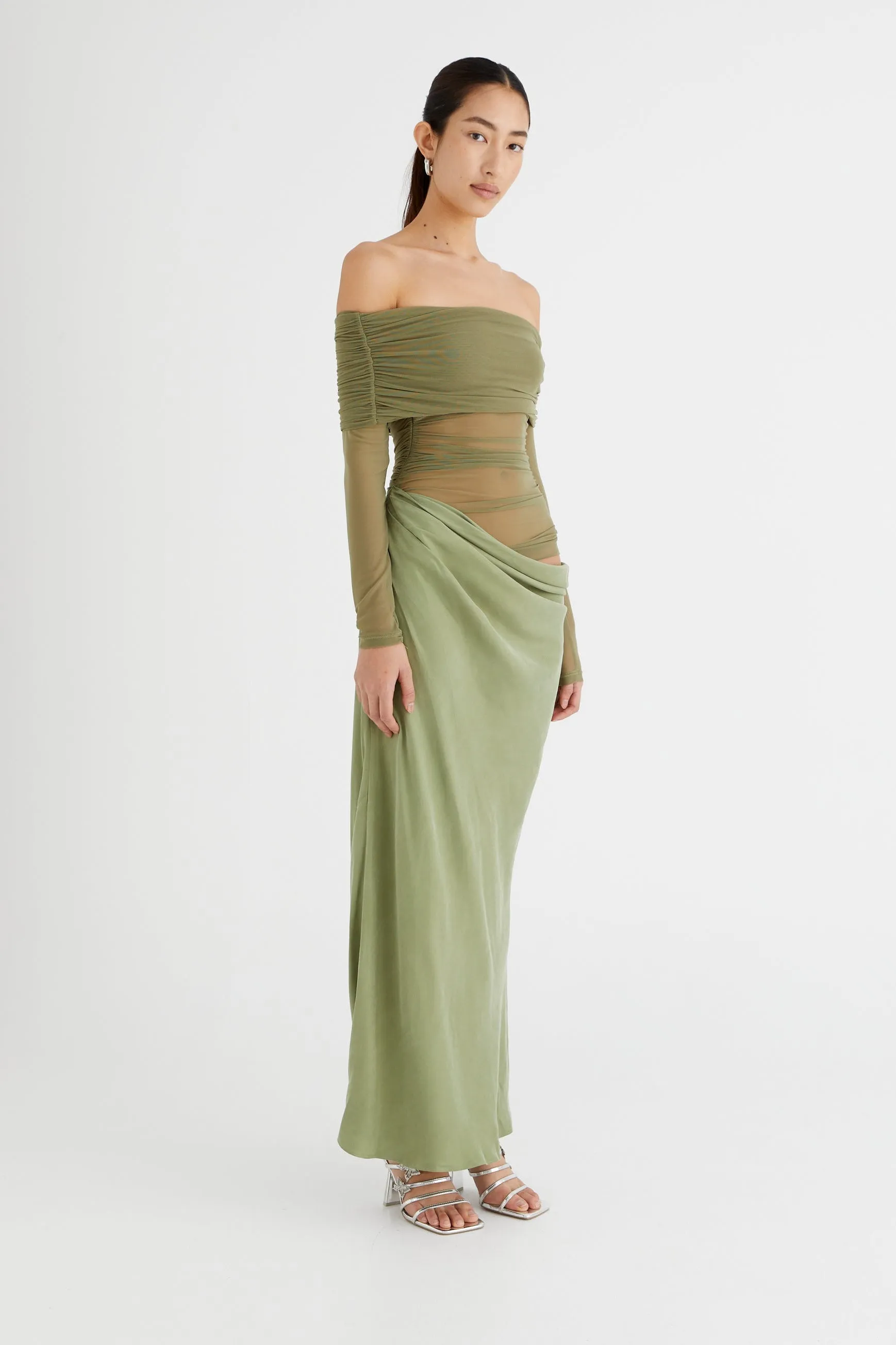 Sheer Sleeve Draped Skirt Statement Gown