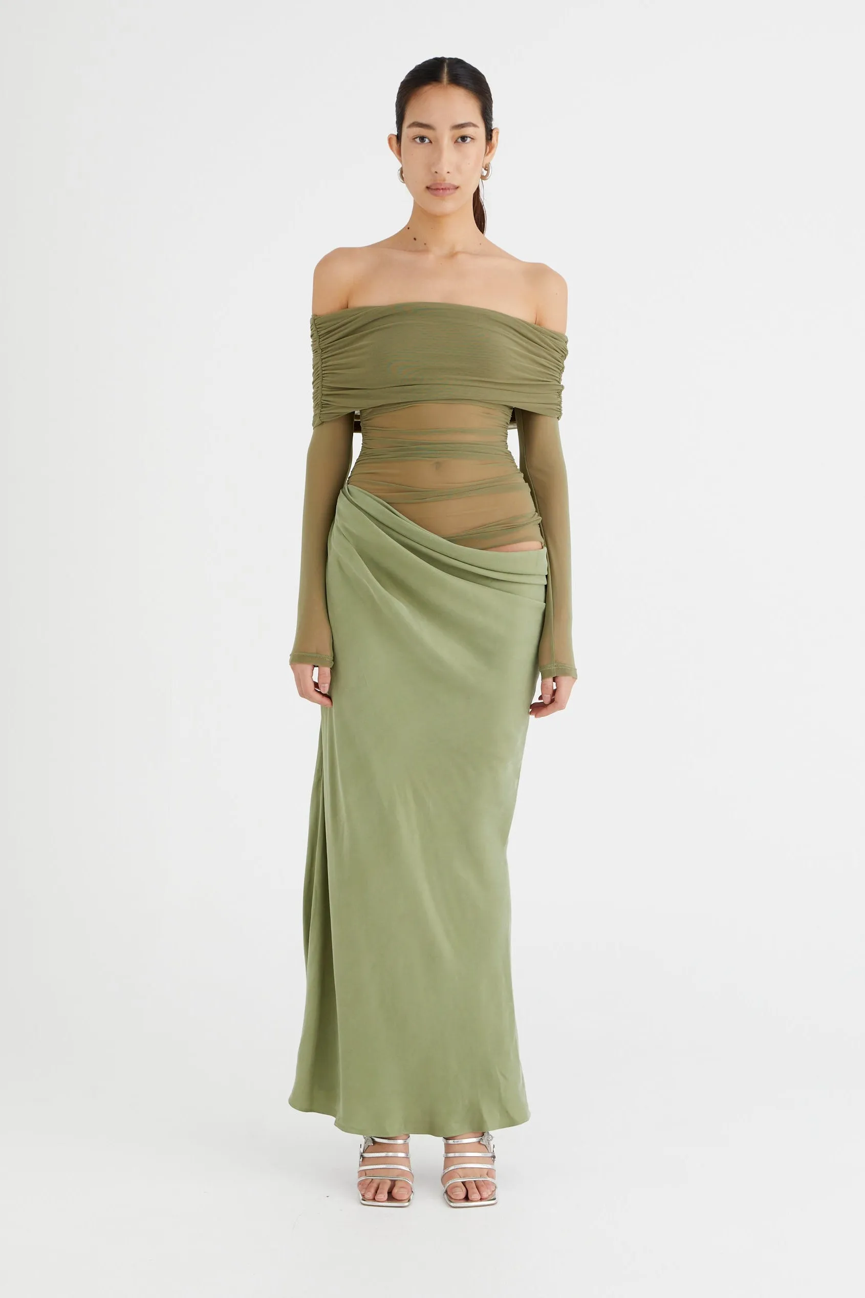 Sheer Sleeve Draped Skirt Statement Gown