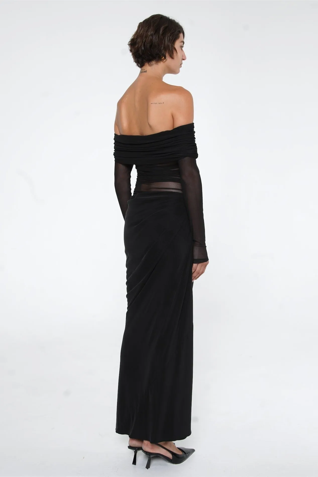 Sheer Sleeve Draped Skirt Statement Gown