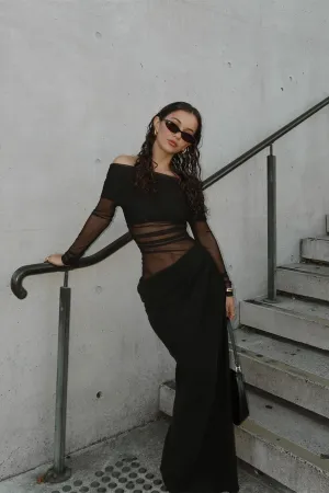 Sheer Sleeve Draped Skirt Statement Gown