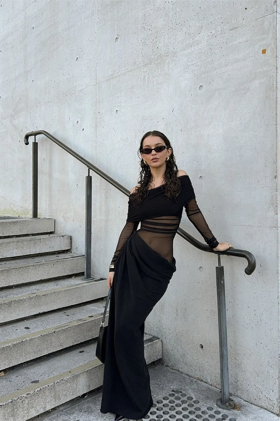 Sheer Sleeve Draped Skirt Statement Gown
