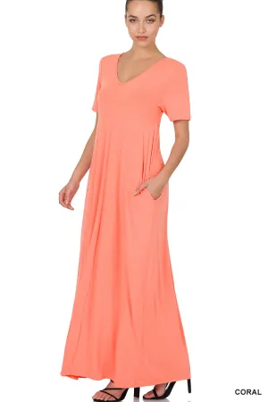 Sleeved Vacation Mode V-Neck Maxi Dress in Deep Coral
