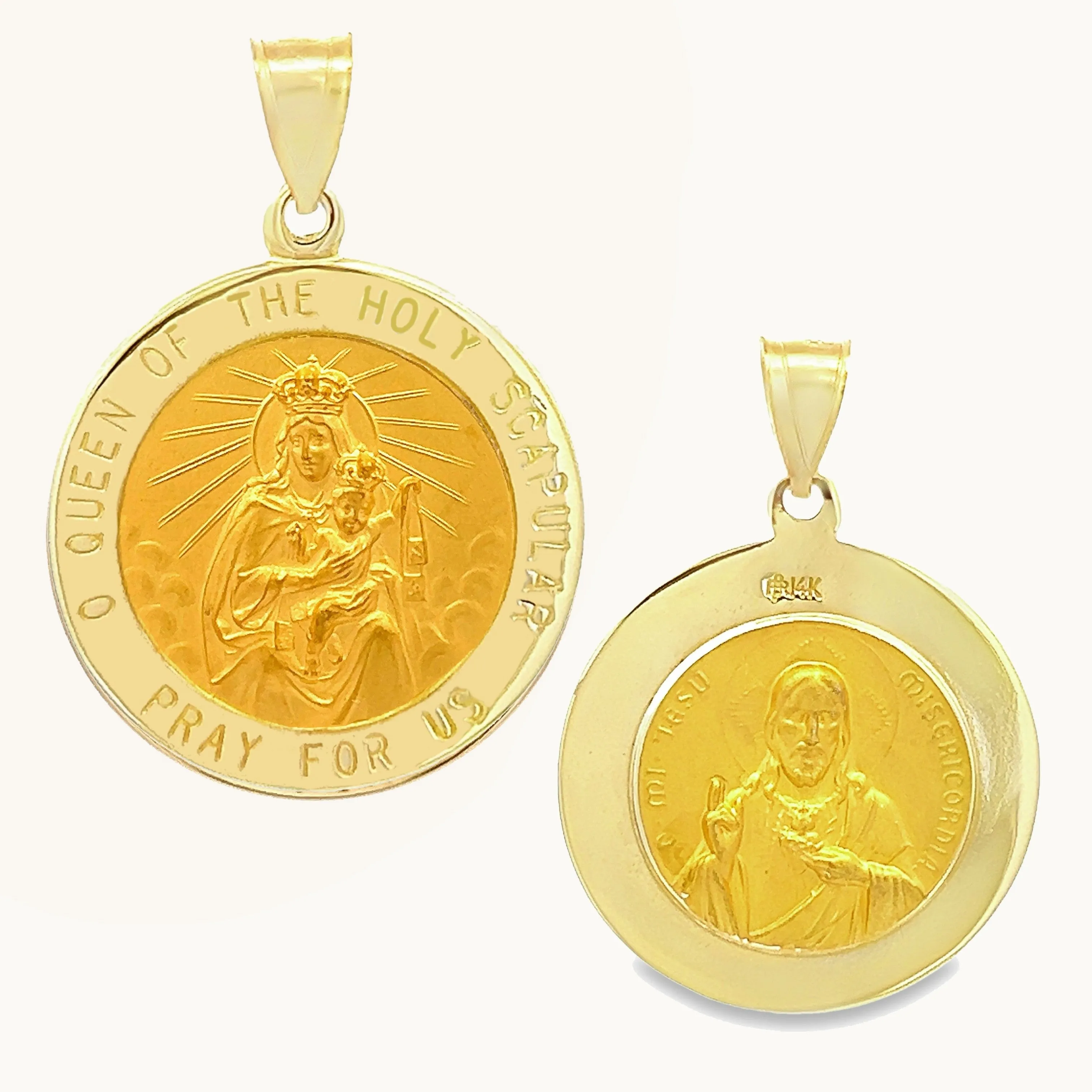 SOLID 14K GOLD HOLY SCAPULAR TWO-SIDED MEDAL | ROUND