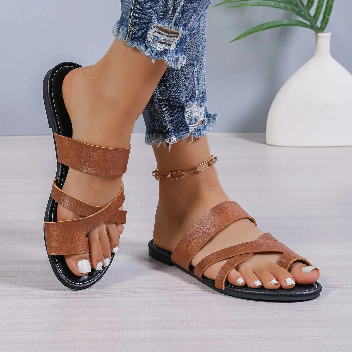 Square Head Cross Flat Summer Sandals – Simple Flip-flops, Women’s Wear Slippers, Beach Slippers