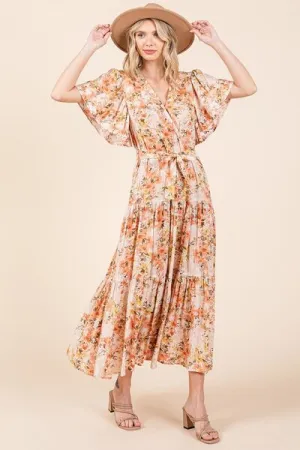 Tangeine Color Floral Tie Waist Flutter Sleeve Tiered Dress