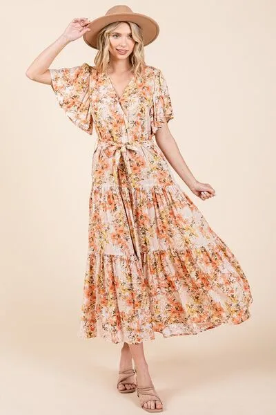 Tangeine Color Floral Tie Waist Flutter Sleeve Tiered Dress