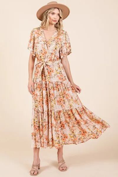 Tangeine Color Floral Tie Waist Flutter Sleeve Tiered Dress