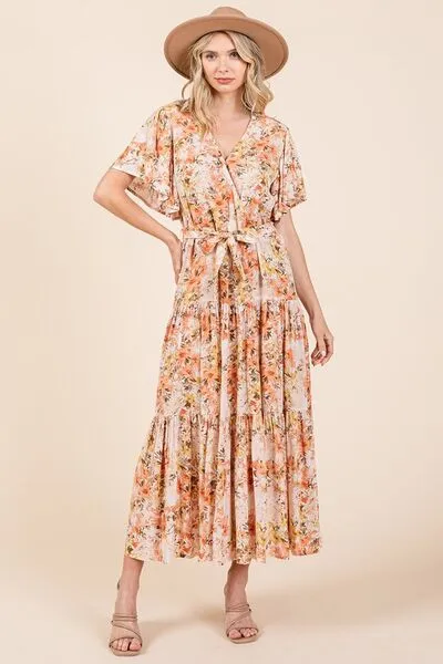 Tangeine Color Floral Tie Waist Flutter Sleeve Tiered Dress