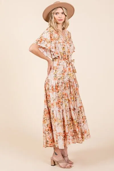 Tangeine Color Floral Tie Waist Flutter Sleeve Tiered Dress