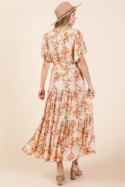 Tangeine Color Floral Tie Waist Flutter Sleeve Tiered Dress
