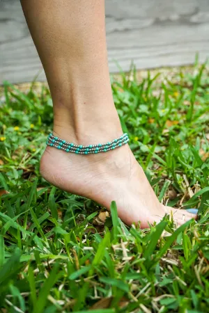 Triple Strand Turquoise Boho Silver Anklet