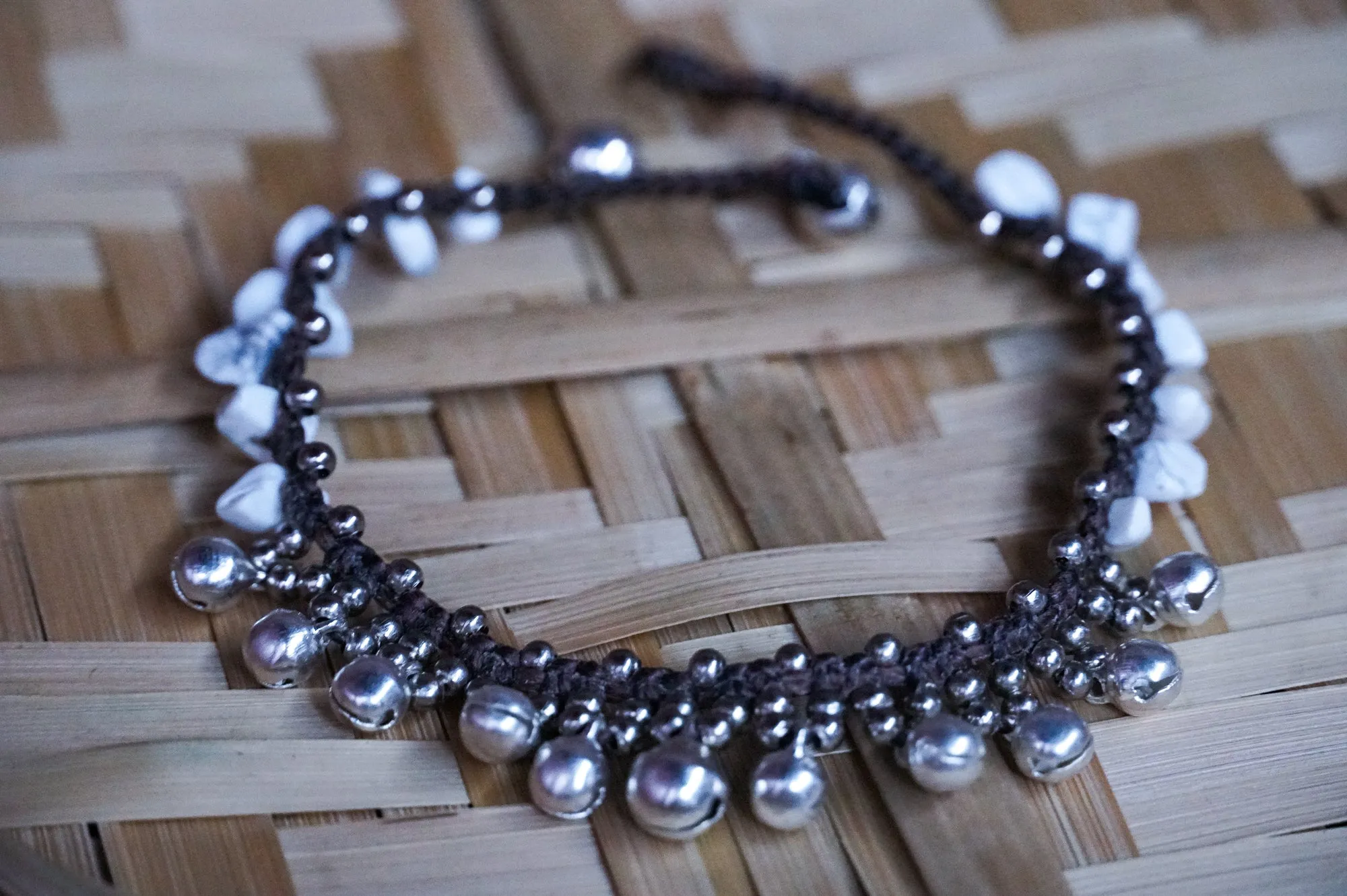 White Turquoise Bell Boho Silver Anklet